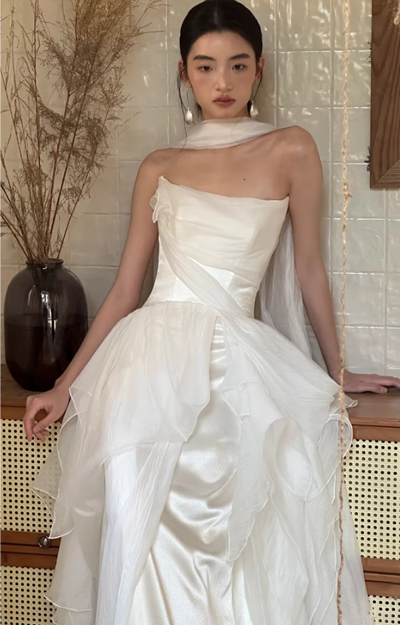 White Ruffle A Line Strapless Chiffon Satin Prom Dress Evening Dress Formal Dress DP3156