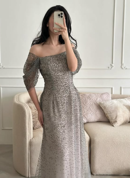 Brown A Line Off the Shoulder Ombre Sequin Tulle Prom Dress Evening Dress DP5776
