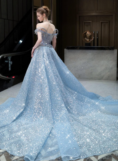 Dreamy Blue Ball Gown Off the Shoulder Exquisite Beaded Sequin Tulle Prom Dress DP4385
