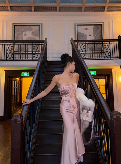 Romantic Mermaid Sweetheart Neck Pink Satin Long Prom Dress Party Dress Date Dresses DP3682