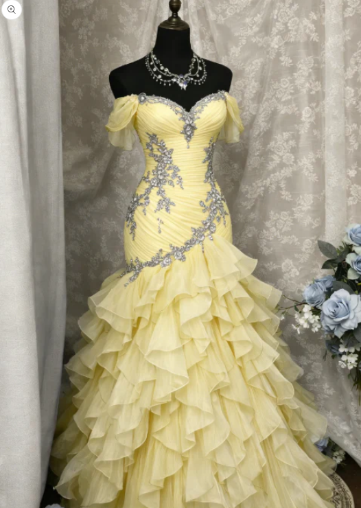 Blue Dreamy Mermaid Exquisite Beaded Layered Ruffle Tulle Prom Dress Evening Gown DP5039