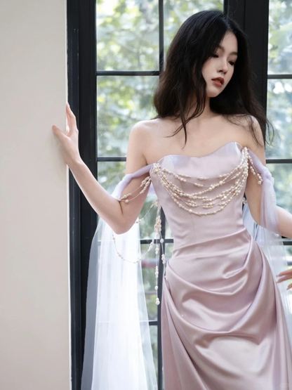Purple Sheath Off the Shoulder Pearl Satin Tulle Party Dress Evening Dress DP2547