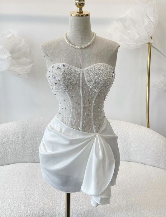 Simple Strapless Beaded White Homecoming Dress 16th Birthday Outfits DP480