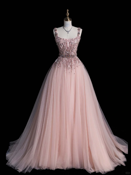 Gorgeous A Line Strap Beaded Sequin Pink Tulle Prom Dress Evening Dress DP2024