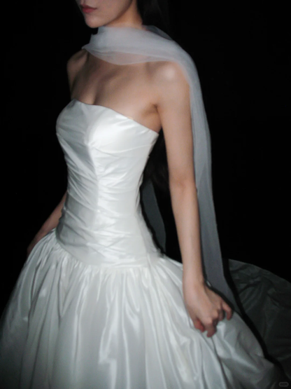 Pretty White Ball Gown Strapless Pleated Satin Long Train Wedding Dress DP8096