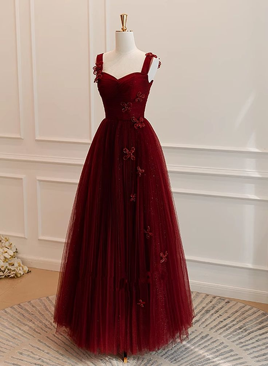 Tulle Sweetheart Straps Long Formal Dress, Burgundy Evening Dress Ball Gown DP118