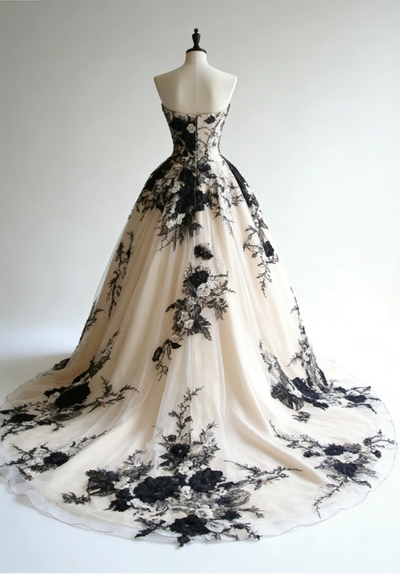 Stunning Ball Gown Sweetheart Neck Black Appliques Tulle Prom Dress Evening Gown DP5038