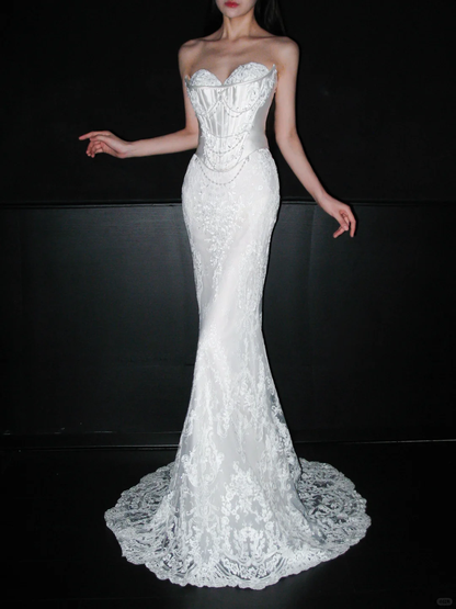 Glamorous Mermaid Strapless Corset White Beaded Sequin Lace Long Wedding Dress DP8119