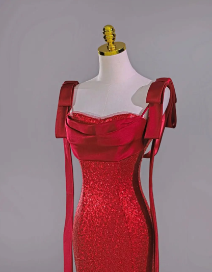 Elegant Mermaid Straps Red Sequin Long Prom Dress Graduation Prom Dress DP2050