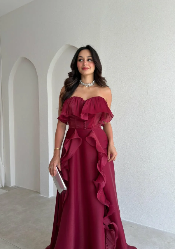 Ethereal A Line Strapless Ruffle Burgundy Chiffon Long Prom Dress Evening Dress DP6922