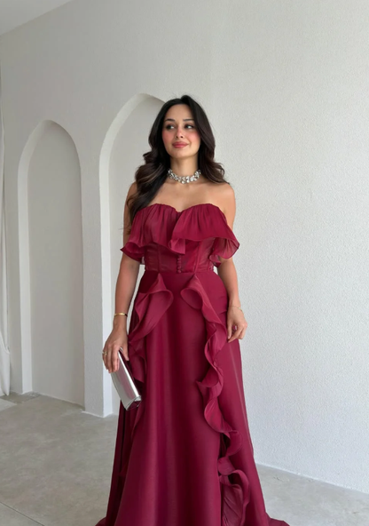 Ethereal A Line Strapless Ruffle Burgundy Chiffon Long Prom Dress Evening Dress DP6922