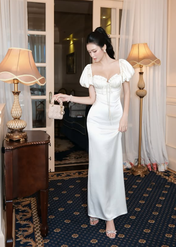 Simple Sheath Puff Sleeve White Satin Prom Dress Evening Dress DP5925