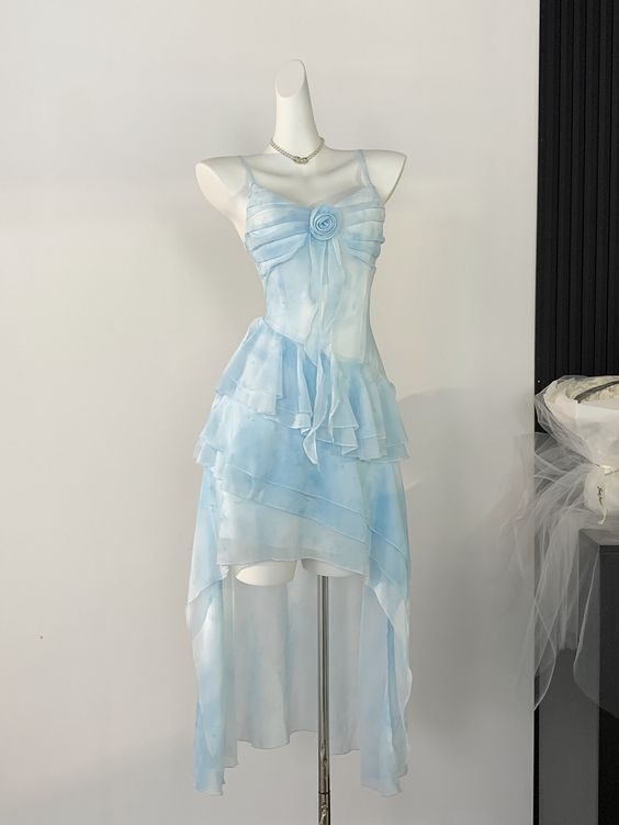 Ethereal Blue High-Low Ruffle Layered Chiffon Homecoming Dress Mini Prom Dress DP554