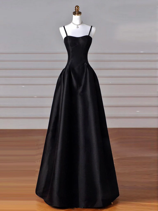 Simple Black Spaghett Straps Satin Long Prom Dress Evening Gown DP019