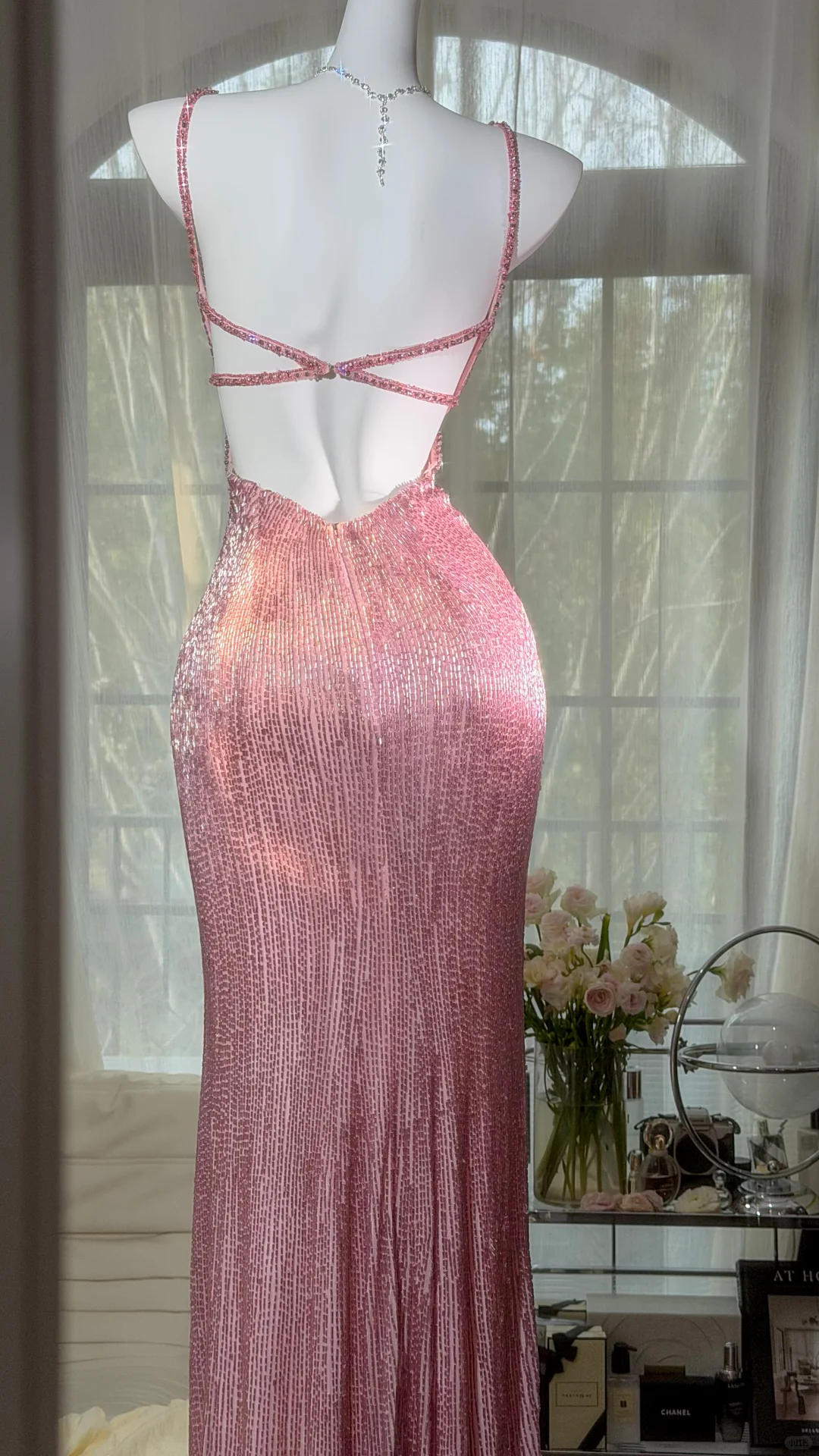 Stunning Pink Butterfly Sheath Beaded Long Prom Dress Graduation Prom Dress with Slit DP4944