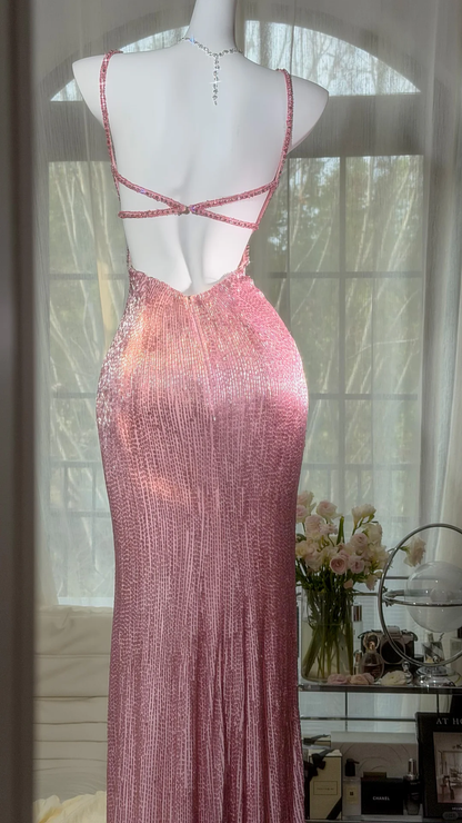 Stunning Pink Butterfly Sheath Beaded Long Prom Dress Graduation Prom Dress with Slit DP4944