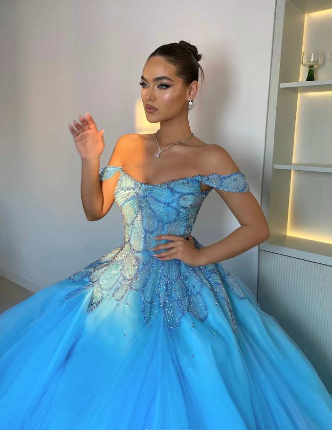 Gorgeous Ball Gown Off the Shoulder Beaded Blue Tulle Long Prom Dress Evening Dress DP1822