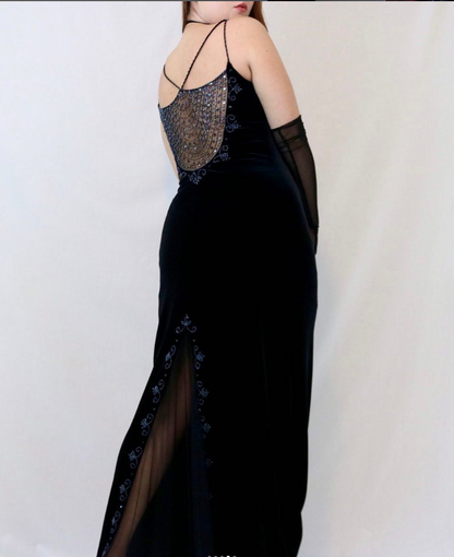Vintage Sheath Spaghetti Straps Beads Black Satin Evening Dress Prom Dress DP1446