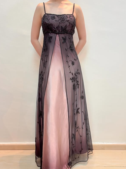 Vintage Pink Ombre A Line Beaded Black Tulle Satin Prom Dress Evening Dress Date Dress DP5275