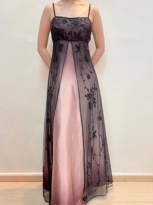 Vintage Pink Ombre A Line Beaded Black Tulle Satin Prom Dress Evening Dress Date Dress DP5275