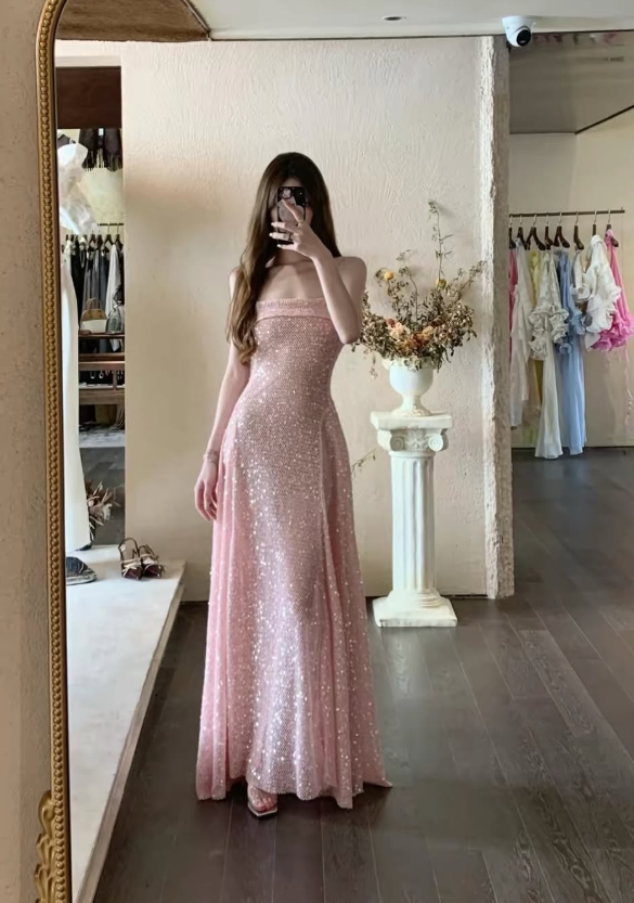 Shiny Pink A Line Spaghetti Strap Sequin Prom Dress Evening Dress DP7938