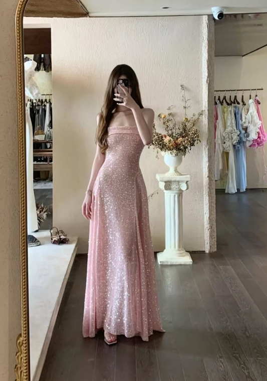 Shiny Pink A Line Spaghetti Strap Sequin Prom Dress Evening Dress DP7938