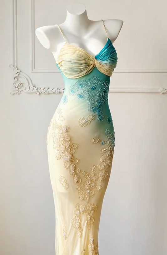 Vintage Sheath Spaghetti Strap Beaded Blue Yellow Ombre Chiffon Prom Dress Evening Dress DP8257