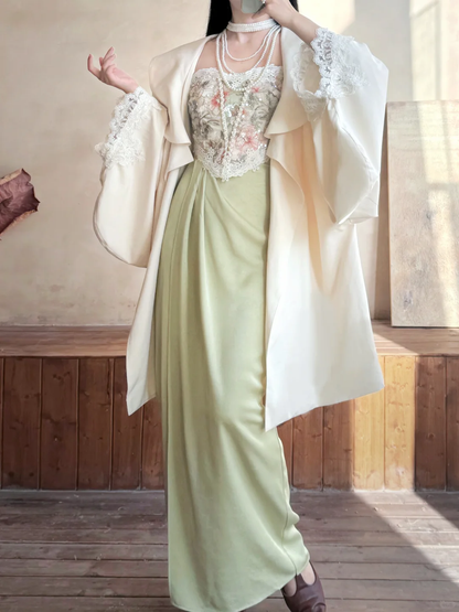 Vintage Sheath Straps Beaded Green Satin Prom Dress Evening Dress DP6458