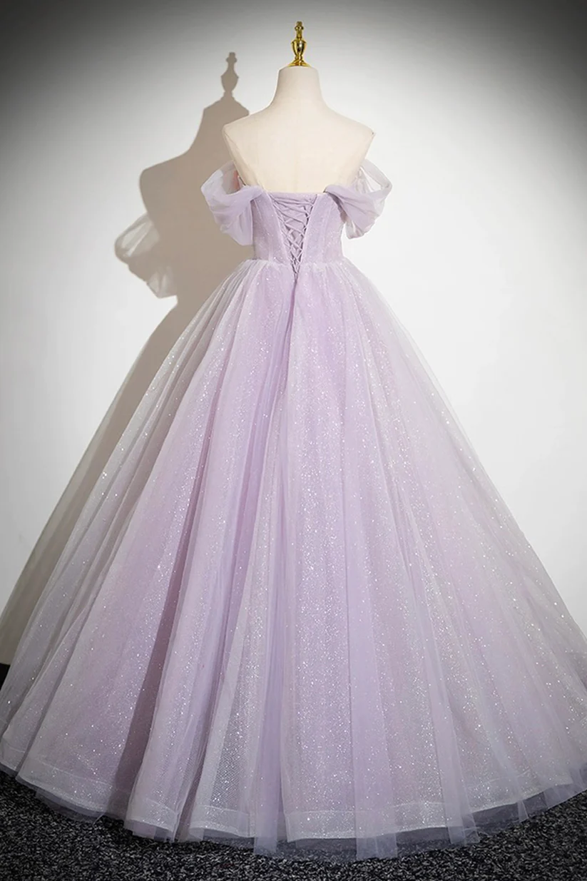 Lilac Tulle Long A-Line Appliques Prom Dress Glitter Off The Shoulder Formal Evening Dress DP491