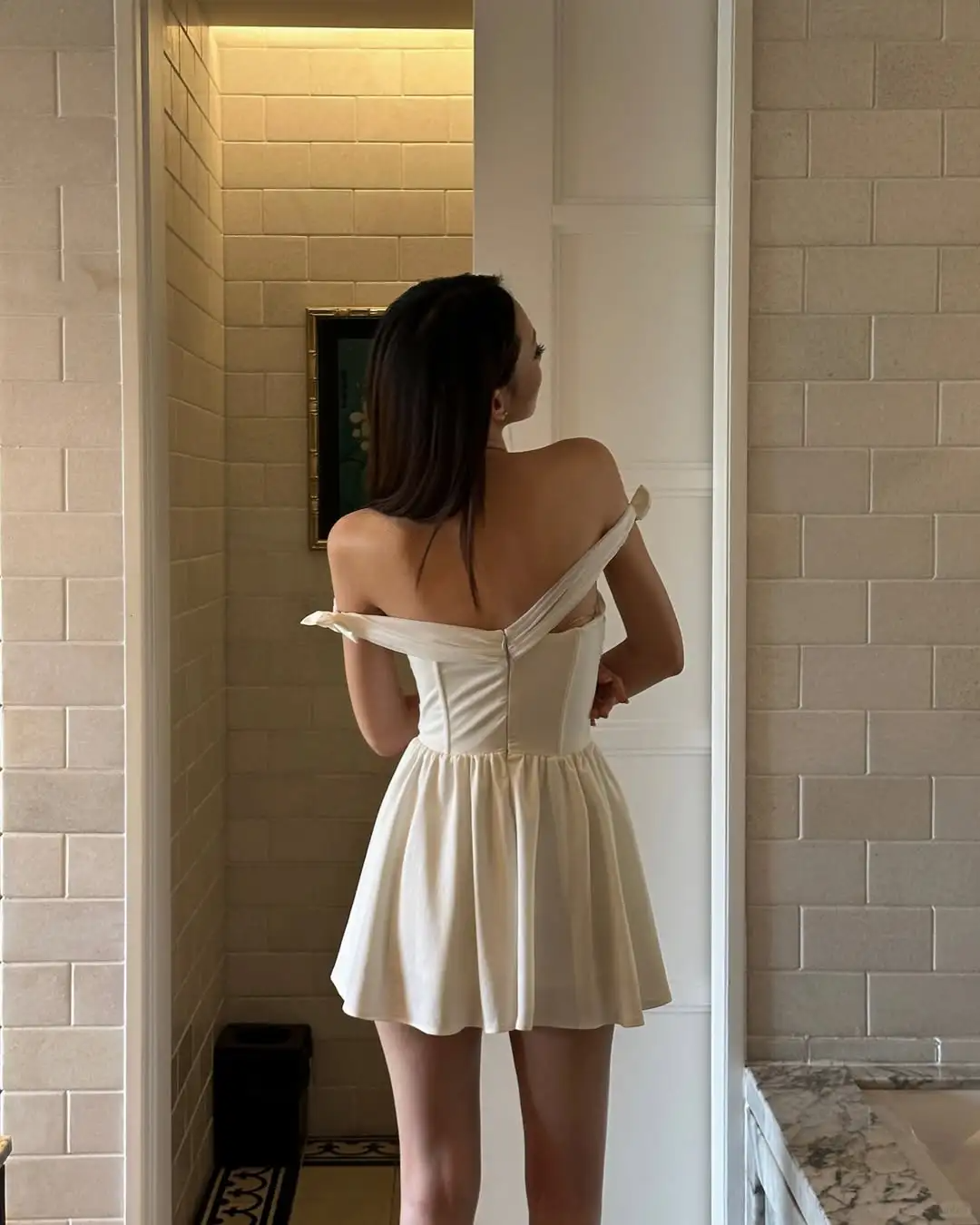 White A Line Off the Shoulder Corset Satin Tulle Mini Homecoming Dress with Bow DP2820