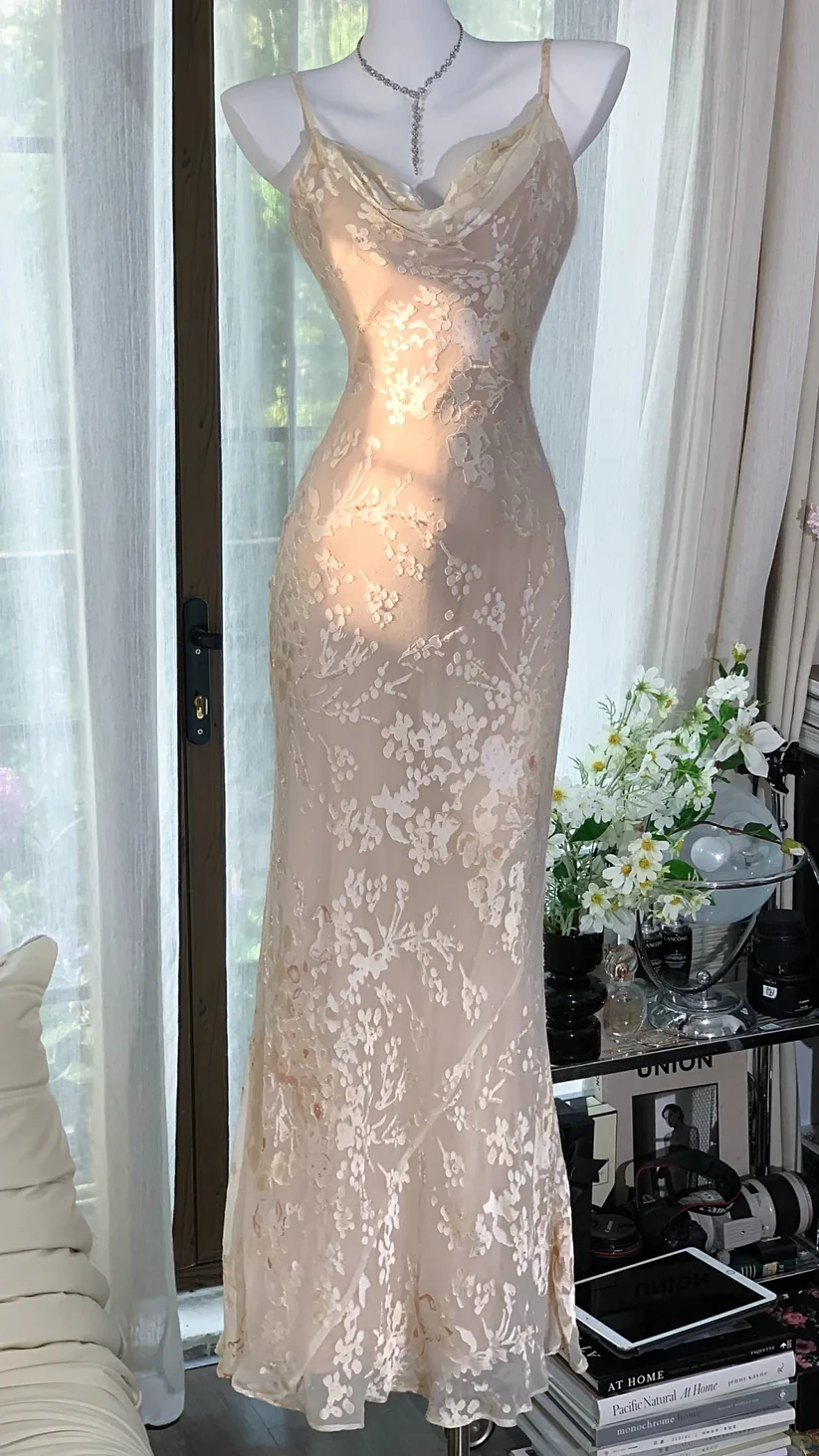 Simple Apricot Print Flower Mermaid Satin Prom Dress Date Dress Evening Dress DP2909