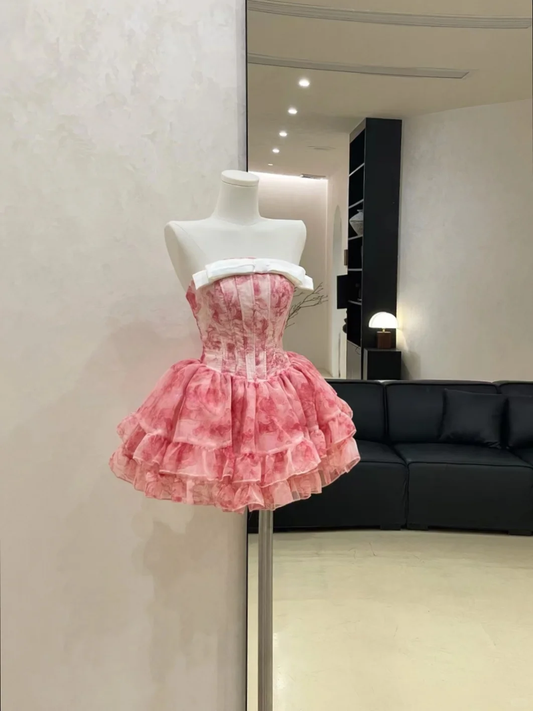 Pink A Line Strapless Print Flower Chiffon Mini Homecoming Dress Cocktail Dress DP2808