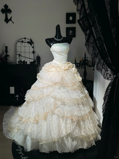 Vintage Ball Gown Strapless Layered Ivory Organza Prom Dress Quinceanera Dress DP6973