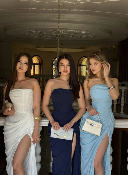 Navy Blue Sheath Strapless Satin Slit Long Prom Dress Evening Dress DP6948