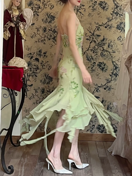 Vintage Mermaid Spaghetti Strap Floral Beaded Ruffle Chiffon Prom Dress Party Dress DP3707
