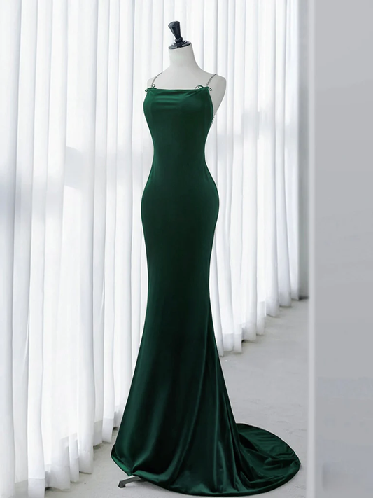 Vintage Green Velvet Backless Long Mermaid Prom Dress Evening Dress DP042