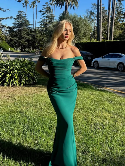 Emerald Sheath Off the Shoulder Chiffon Long Prom Dress Evening Dress Date Dress DP6181