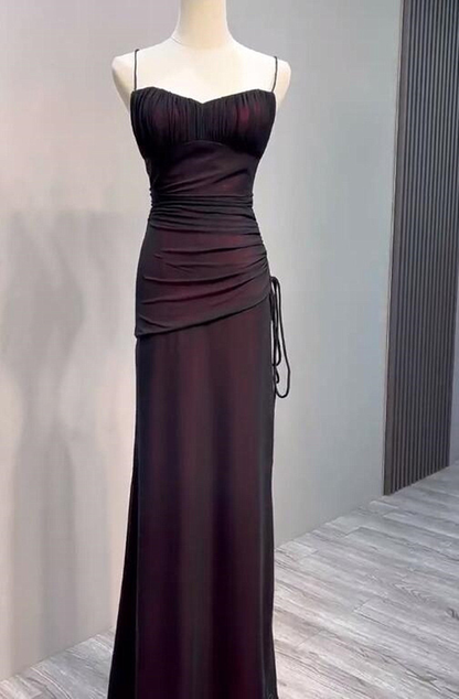 Sexy Backless Burgundy Straps Long Evening Dress Side Slit Prom Dress DP193