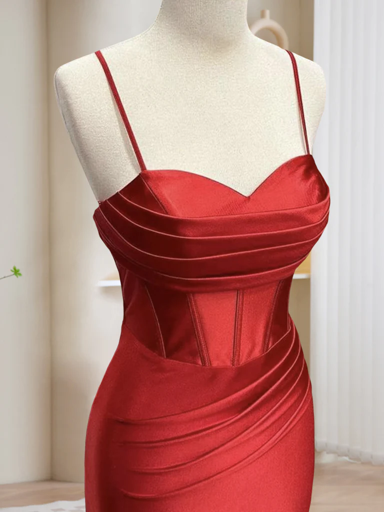 Spaghetti Straps Red Satin Pleated Mermaid Slit Long Prom Dress DP043