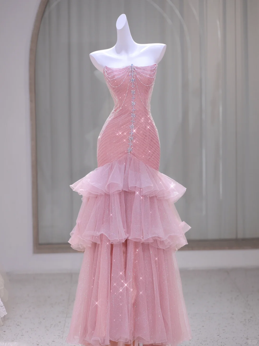 Pink Mermaid Strapless Layered Rhinestine Tulle Long Prom Dress Party Dress DP2721