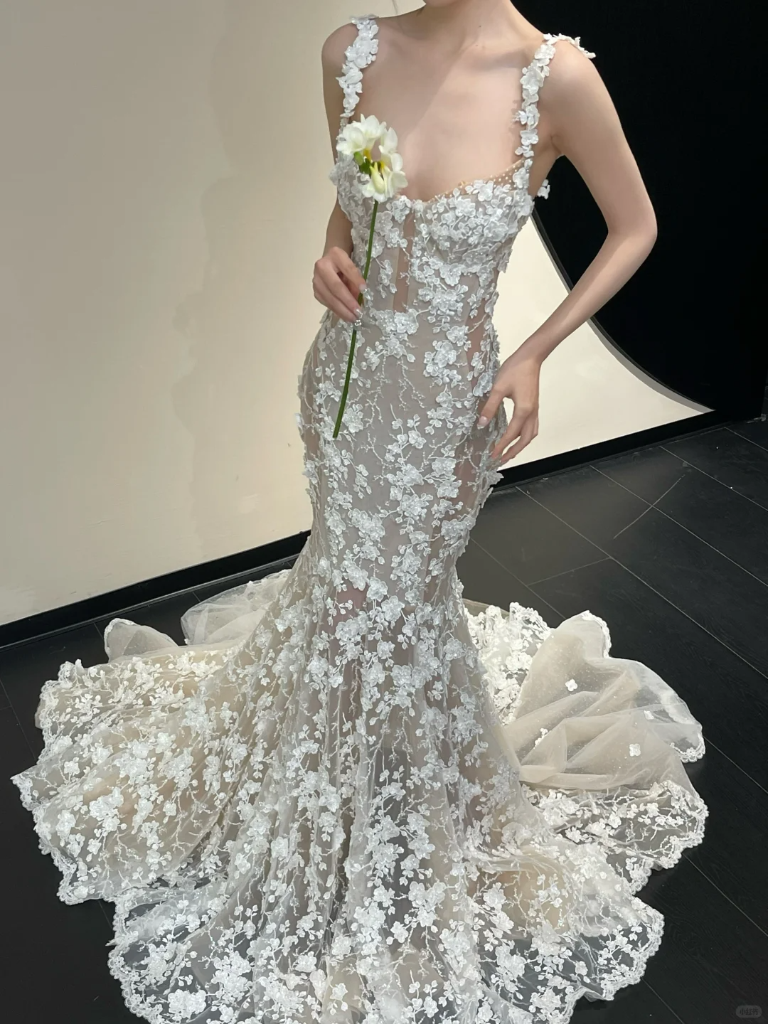 Stunning Mermaid Spaghetti Strap Floral Tulle Long Sweep Wedding Dress Prom Dress DP4418