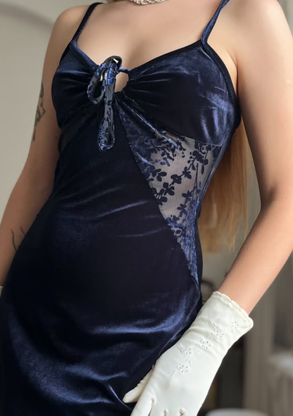 Vintage Sheath Spaghetti Strap Dark Blue Lace Velvet Prom Dress Evening Dress DP5726