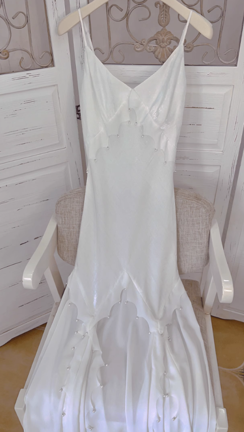 White Mermaid Spaghetti Strap Pearl Chiffon Satin Prom Dress Evening Dress Party Dress DP3584