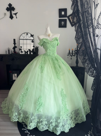 Green Ball Gown Off the Shoulder Bow Applique Tulle Prom Dress Quinceanera Dress DP6953