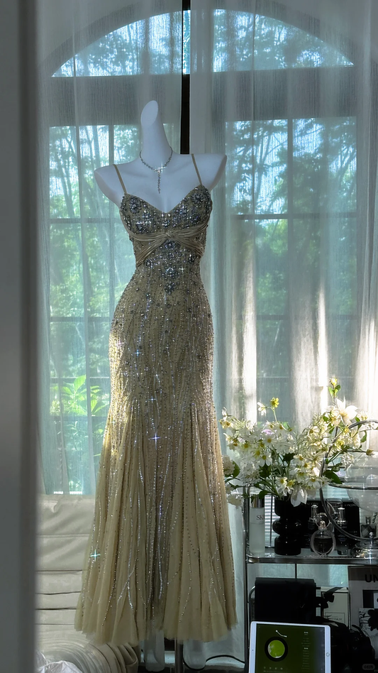 Vintage Mermaid V Neck Beaded Olive Green Tulle Prom Dress Party Dress DP3704