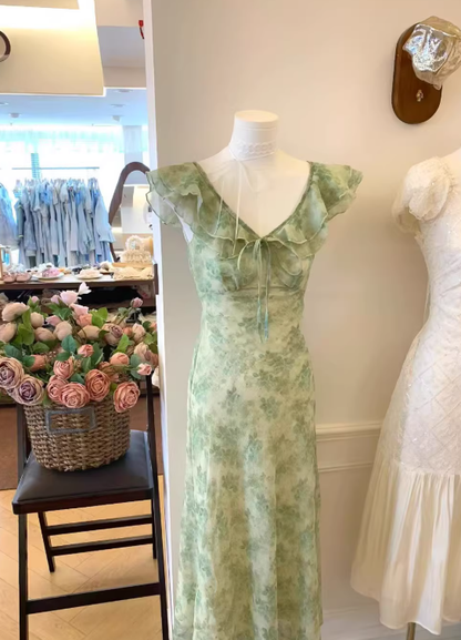 Cute A Line V Neck Print Floral Light Green Chiffon Prom Dress Outfits DP4712