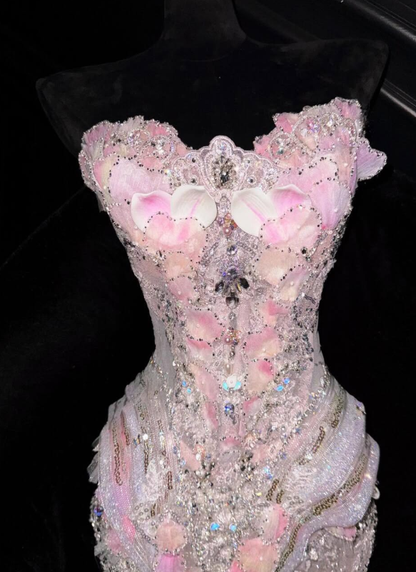Stunning Pink Mermaid Strapless Exquisite Beaded Floral Tulle Prom Dress Evening Dress DP6620
