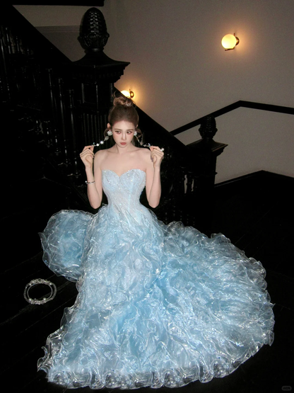 Stunning Baby Blue Ball Gown Shiny Sequin Flowy Organza Long Prom Dress Evening Dress DP5382