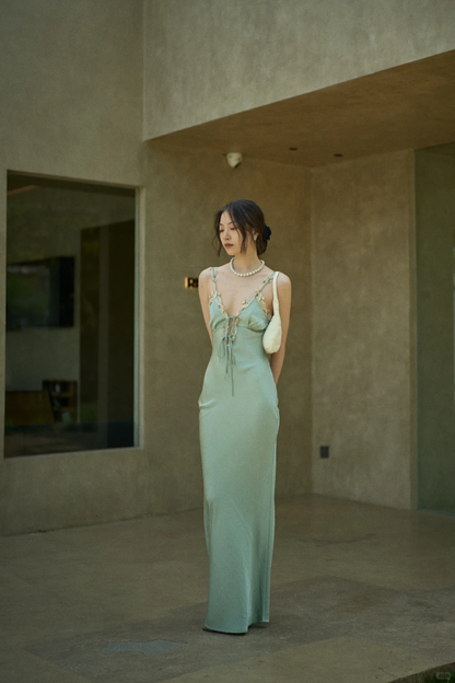 Sage Green Sheath Spaghetti Strap Appliques Satin Long Prom Dress Party Dress Outfits DP4531