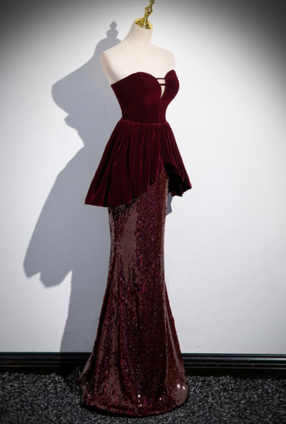 Burgundy Strapless Sequin Velvet Mermaid Evening Dress Long Prom Dress DP636